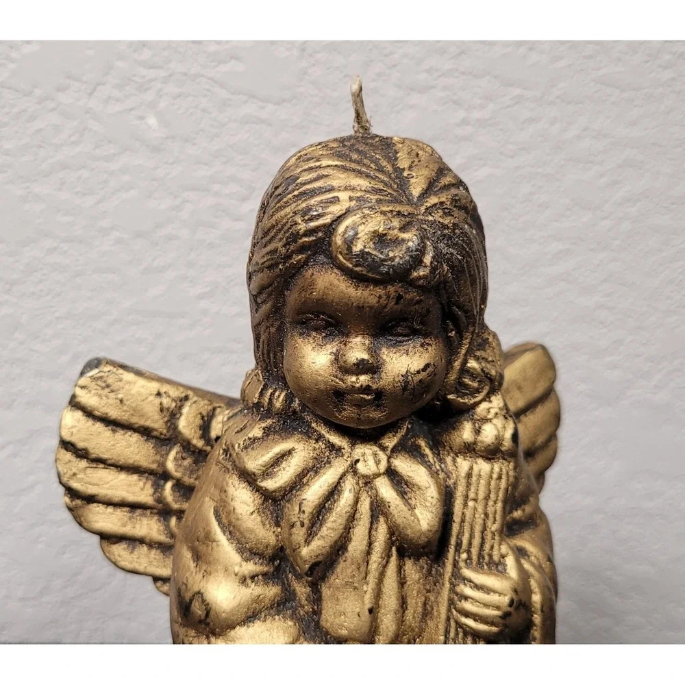 Angel Playing Cello Wax Candle Antique Gold Color 6 Inch Tall